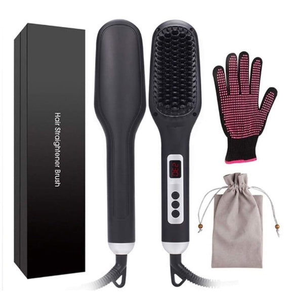 Deluxe Ionic 2-in-1 Hair Straightening Brush with glove