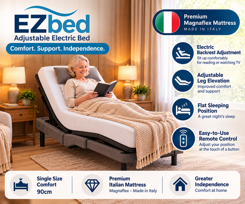 EZbed Adjustable Electric single Bed (90cm) with Italian Magnaflex Mattress