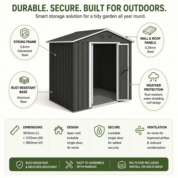 Steel Garden Storage Shed – Lockable & Weather-Resistant | 1.8m x 1.2m